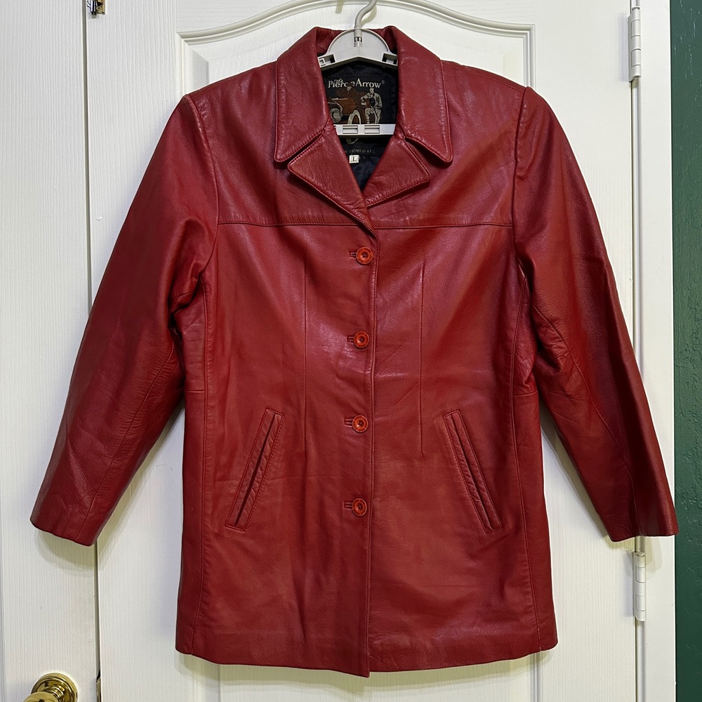 Vintage 70s Pierce Arrow Red Leather Trench Car Coat Jacket L Grunge Cyberpunk